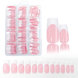 French Tip False Nails Kit - 240pcs Medium Square False Nails - French Pink Tip Press on Nails Kit - Fake Fingernails with Glue for Women Girls BF