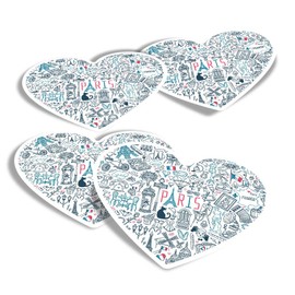 Vinyl Heart Stickers (Set of 4) - Paris France Travel Eiffel Tower French Fun Decals for Laptops,Tablets,Luggage,Scrap Booking,Fridges #14891
