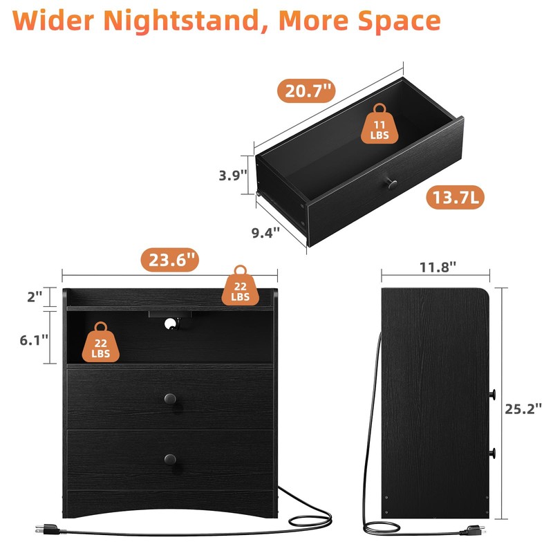 Memobarco Nightstand with Charging Station and LED Light,Modern Nightstand with