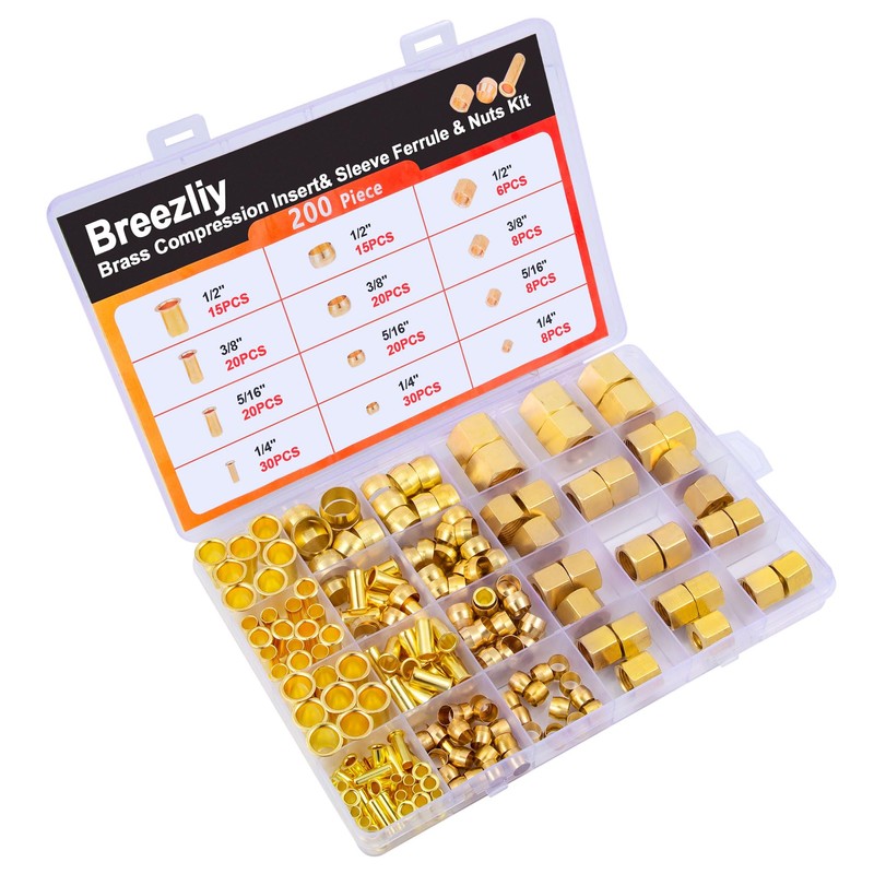 1/4", 3/8", 5/16", 1/2" OD Brass Compression Insert,Sleeve Ferrule,Nut 200PCS