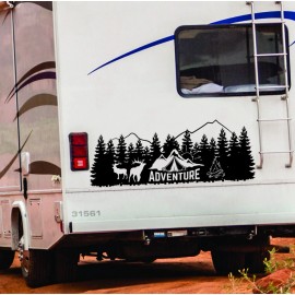 American Camper RV Decal, Camping Sticker, Camp Elk Mountain Travel Logo Adventure Awaits