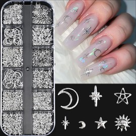 HYWWPFLAY 12 Grids 3D Metal Silver Star and Moon Nail Art Charms, Star Nail Charms Jewels Star for Nails Design Rhinestones for Women DIY Manicure Decoration Accessories with Pickup Pen & Tweezers