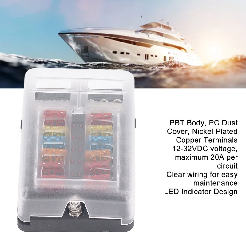 12 Way Fuse Box with LED Indicator DC12‑32V Waterproof Circuit