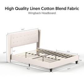 BONSOIR Bed Frame Upholstered Traditional Low Profile Platform with Wing Back Headboard/No Box Spring Needed/No Bed Skirt Needed/Linen Fabric Upholstery/Sand (Cream, Full Size)