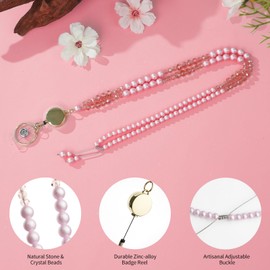 Eeffzia Retractable Beaded Lanyard for Keys & Badges - Natural Stone Bead, Stretchable Badge Reel with Handcrafted Sliding Knot, Multipurpose ID Holders for Teacher, Office and Cruise, Pearl PK