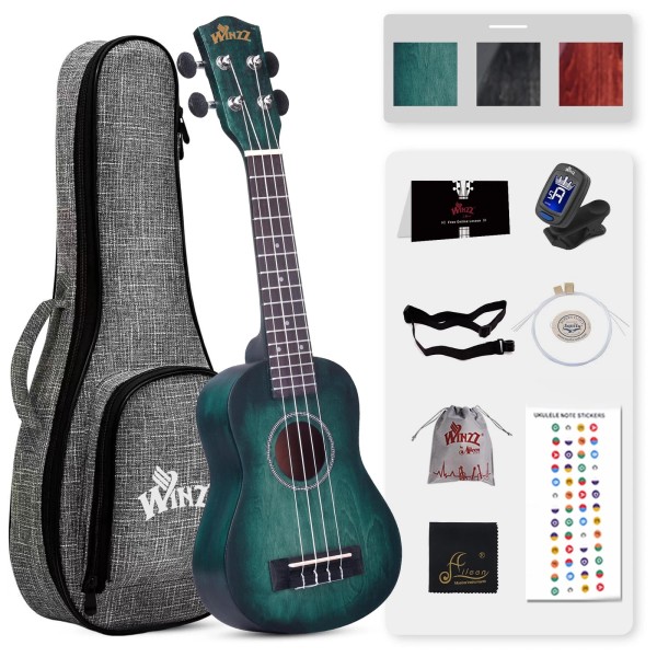 WINZZ 21" Dark Hunter Green Soprano Ukulele with Lessons Bag