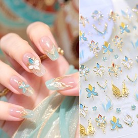 1 Sheet Flower Nail Stickers 5D Embossed Blue Gold Floral Nail Decals 3D Self-Adhesive Chinese Style Nail Supplies Aurora Lotus Flower Nails Designs for Women Girls DIY Manicure