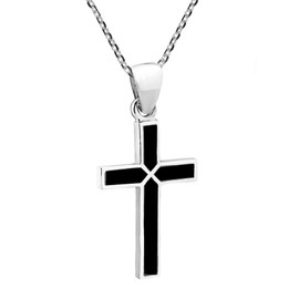 AeraVida Colorful Cross of Faith Inlaid Simulated Black Onyx .925 Sterling Silver Necklace | Christian Religious Cross Pendant Necklace | Faith Cross Necklace for Women