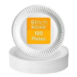 Venuscello® 100 x Paper Plates 9 Inch (23cm) Disposable White Dishes for Party Food Lunch Ideal for Birthday Parties, Catering, Takeaway Food, BBQ