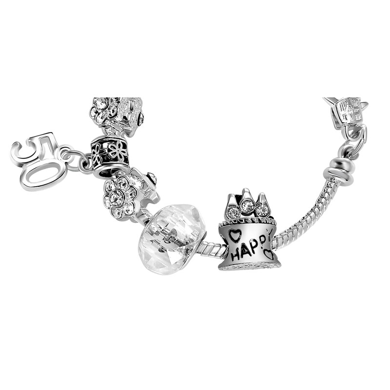Womens 50th Birthday Sparkly Crystal Charm Bracelet with Silver Gift