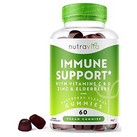 Immune Support Gummies - Elderberry Extract (4500mg Equivalent), Vitamin D 1000iu, Vitamin C & Zinc - 60 Raspberry Flavour Vegan Gummies - Maintain Normal Immune System - Made in The EU by Nutravita