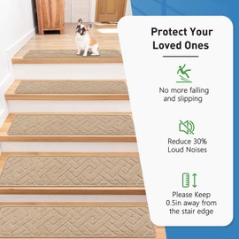 Non Slip Stair Treads for Wooden Steps,15 Pack 8" X 30" Stairs Carpet Treads Indoor with Reusable Peel and Stick Adhesive for Kids Elders and Pets,Polyester TPR Backing