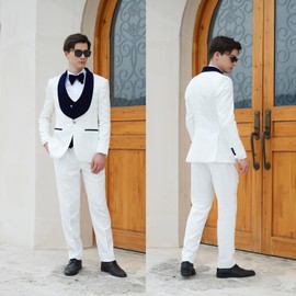 pbyoulna Men's Paisley Jacquard Tuxedo, One Button Shawl Lapel 3 Piece Suit, White Party Wedding Jacket Vest Pants & Bow tie Set, Dark Royal Blue XL