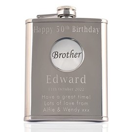 Brother's 50th Birthday, Stainless Steel Engraved Hip Flask with Solid Pewter 'Brother' Feature, Men's Birthday