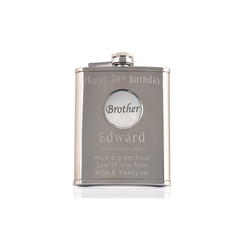Brother's 50th Birthday, Stainless Steel Engraved Hip Flask with Solid