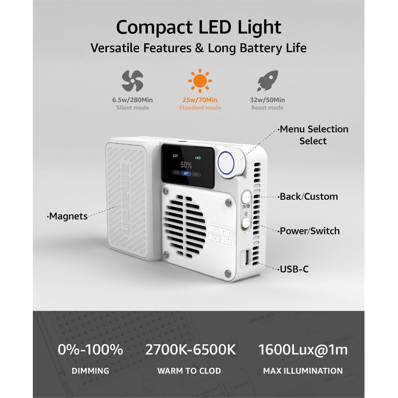 Amaran Ace 25x Bi-Colour LED Light, 32W On-Camera Video Light,