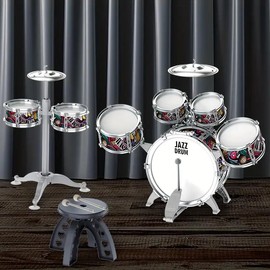 Toddlers Drum Set with High Mini Musical Jazz Drum Kit for Kids Musical Instruments Toys Gifts for Age 3 4 5 6 7 8 Year Old Boys Girls Baby Children(including chairs) - Color: Silver (seven drums)