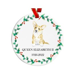 Queen Elizabeth II Corgi Ornament Ceramic Remembrance Bauble | Royal Memorial Christmas Tree Decoration Keepsake | Red Ribbon