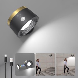 Moobibear Motion Sensor Wall Light Indoor, 3500mAh Rechargeable Battery Operated LED Wall Light, Wall Lamp Wireless with 360 ° Rotation, 3 Color Temperatures for Bedroom, Study, Corridor, Picture
