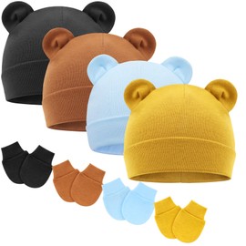 DRESHOW Newborn Baby Hat and Gloves Set Beanie Clothing Unisex Infant Hat Nursery Hat Baby Boys Girls 0-6 Months, 4 sets: bear ears hats & mittens double layer h06