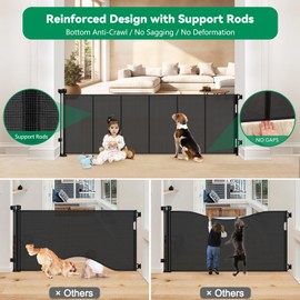 Reinforced 85" Wide Retractable Baby Gates Extra Wide Retractable Dog Gate with Support Rods – Prevent Crawling Under, Indoor Wide Baby Gate Outdoor Retractable Gate, Puppy Gates for The House, Black