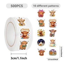 500PCS Highland Cow Stickers Roll 10 Styles Envelope Seals Sticker Cute Animal Stickers for Kids Cow Themed Party Favors(500 Per Roll)