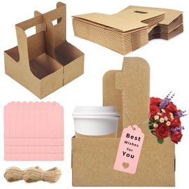 Turmaster 2 Cup Drink Carrier,32 Pack Coffee Cup Holders with Handle,Cardboard Cup Holders for Hot or Cold Drinks,Coffee Carrier with Ribbon and Card,Food Delivery Services and Bouquet(Kraft)