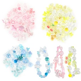150~210PCS Acrylic Cute Assorted Beads for Jewelry Making, Pastel Beads Cute Charms for Bracelets, Aesthetic Beads Flower Star Acrylic Beads for Bracelets Jewelry Making DIY Crafts (Pink Blue Yellow)