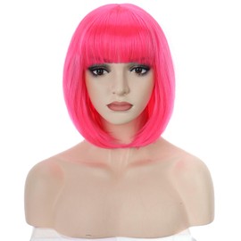 PORSMEER Short Straight Bob Wigs with Fringe for Women, Natural Synthetic Hair Wigs for Carnival / Fancy Dress and Theme Party Hot Pink