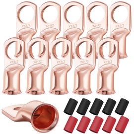 XHF 10PCS 2 AWG-1/2 Heavy Duty Battery Lugs with 3:1 Heat Shrink Tubing, Ring Terminals Battery Cable Ends Copper Eyelets Electrical Battery Connectors
