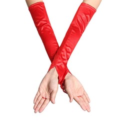 SUNTRADE Women's Lace Satin Bridal Party Fingerless Gloves Sequins Elegant Long Arm Sleeves (Red, Large)
