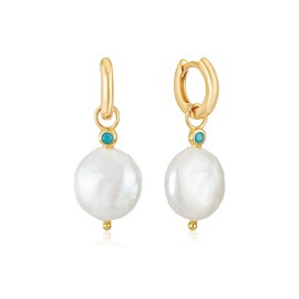 Luxe Fusion: Sterling Silver Hoop Earrings with 18K Gold, Pearls, and Turquoise Stones, Sterling Silver, Turquoise Pearl
