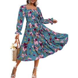 Amegoya Women's Floral Long Sleeve Midi Dress Boho Wedding Guest Dress Square Neck Smocked Tiered Flowy Dress (Floral Blue L)