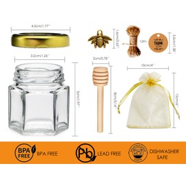 DnayDkiy 40 Pack 1.5 oz Hexagon Mini Glass Honey Jars with Dipper, Gold Lids, Bee Pendants, Jutes, Golden Gift Bags and Thank You Cards - Perfect for Baby Shower Favors, Wedding Favors Party Favors