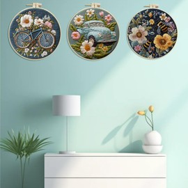 IUHUI Embroidery Kit for Beginners and Adults 3 Pack - Cycling Driving to Spring Floral Pattern, DIY Hand Stitch Embroidery 3 Sets with 3 Hoops (Pickup Truck Flower)