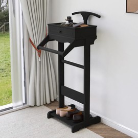 GLSCASA Wooden Valet Stand for Men, Suit Valet Stand with Top Tray, Storage Drawer, Bottom Shoe Rack, Freestanding Clothes Rack for Living Room, Entryway, Bedroom, Office, Black