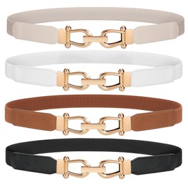 JASGOOD 4 Pack Women Stretchy Waist Belts Retro Elastic Skinny Belt for Ladies with Gold Buckle(Black+Brown+White+Beige,Fits Waist 26-32 Inches)