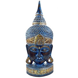GURU SHOP Stehende Buddha Maske, Thai Buddha Statue - Blau/gold, 74x27x13 cm, Buddhas