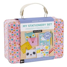 Kit de manualidades Petit Collage DIY, diseño de papelería – Kit de manualidades para niños incluye 12 tarjetas con animales, 1 cuaderno en blanco, 2 