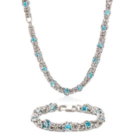 LIKEYO Byzantine Necklace and Bracelets for Women - Durable Byzantine Chain Bracelet Set with Unique Blue Glass Beads, Waterproof Stainless Steel Hypoallergenic Silver Tone Jewelry Gift
