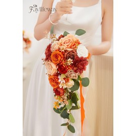 Faylifeway Burnt Orange Wedding Bouquets for Bride, Cascading Bridal Bouquet Artificial Flowers, 9.8 Inch Bride Bouquets for Wedding Decoration Boho Ceremony Church Anniversary Decor