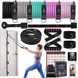 Besloor Resistance Band Set with Handles. Home Fitness Equipment for Total Body Workout - Includes Door Anchor Bands, Door Anchors and Ankle Straps - with Fitness Poster and Video (Pink)