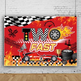 Canessioa Two Fast Backdrop Race Car Theme Boy 2nd Birthday Party Decorations Backdrop Fire Racing Trophy Tire Checked Flag Photography Background 7x5ft(210x150cm) Photo Studio Props