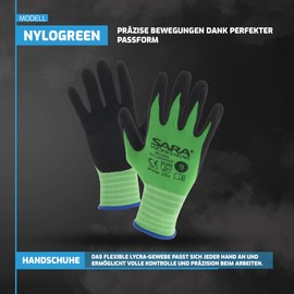 SARA Men's Work Gloves - Nylon Gloves with Latex Coating - Non-Slip Assembly Gloves for Mechanics & Fitters - Breathable & Robust Size 7-10