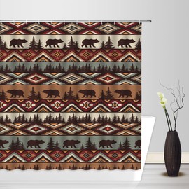 ZNLSU Rustic Bear Shower Curtain Cabin Wild Animal Bear Tree Safari Aztec Navajo Native American Western Farmhouse Hunting Camping Retro Fabric Bathroom Sets with Hooks,Brown