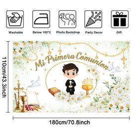 Mocsicka Mi Primera Comunion Banner for Boys First Communion Party Decorations Banner Green Floral Baptism Christening First Holy Communion Backdrop for photography (Green, 70.8x43.3 inch)