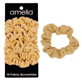 Amelia Beauty, Medium Tan Ribbed Jersey Scrunchies, 2.5in Diameter, Gentle on Hair, Strong Hold, No Snag, No Dents or Creases. 10 Pack