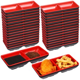 30 Pack Dual Dipping Sauce Bowls, 2 Compartment Soy Sauce Dishes Melamine, Black Red Divided Dip Bowls Side Dishes, Dip Serving Bowls Set for Sushi Sauce Seasoning Dish
