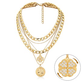 MJartoria Gold Layered Necklaces for Women Trendy Retro Coin Pendant Necklace Dainty Chunky Chain Choker Necklaces for Jewelry Birthday Gifts (Gold, A-Z-Rotatable Clover-5 in 1 Layered)