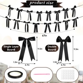 16 Pcs Black Bow Garland Ribbon Banner Bow Decorations for Holiday Birthday Engagement Wedding Baby Shower Bridal Shower Bachelorette Bedroom Mantel Dresser Photo Shoot Wall Decor Room Party Supplies